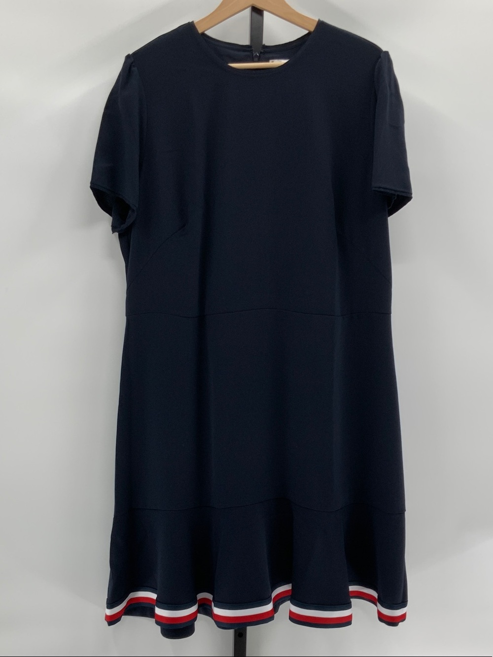 Classic Navy Short Sleeve Dress with Striped Hem